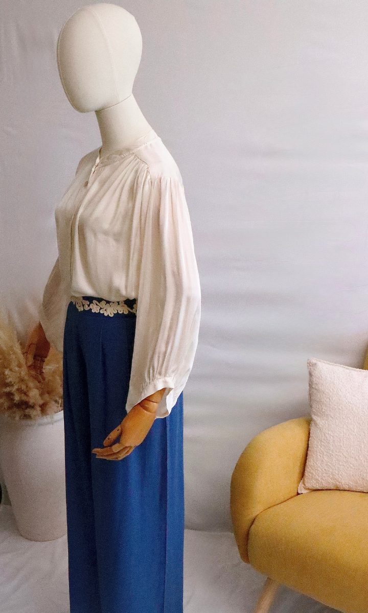 Pantalon fluide brodé en lin et viscose