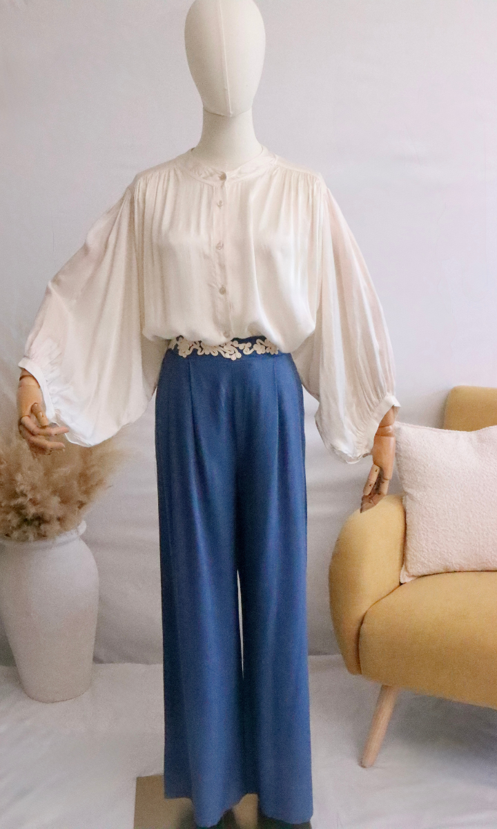 Pantalon fluide brodé en lin et viscose