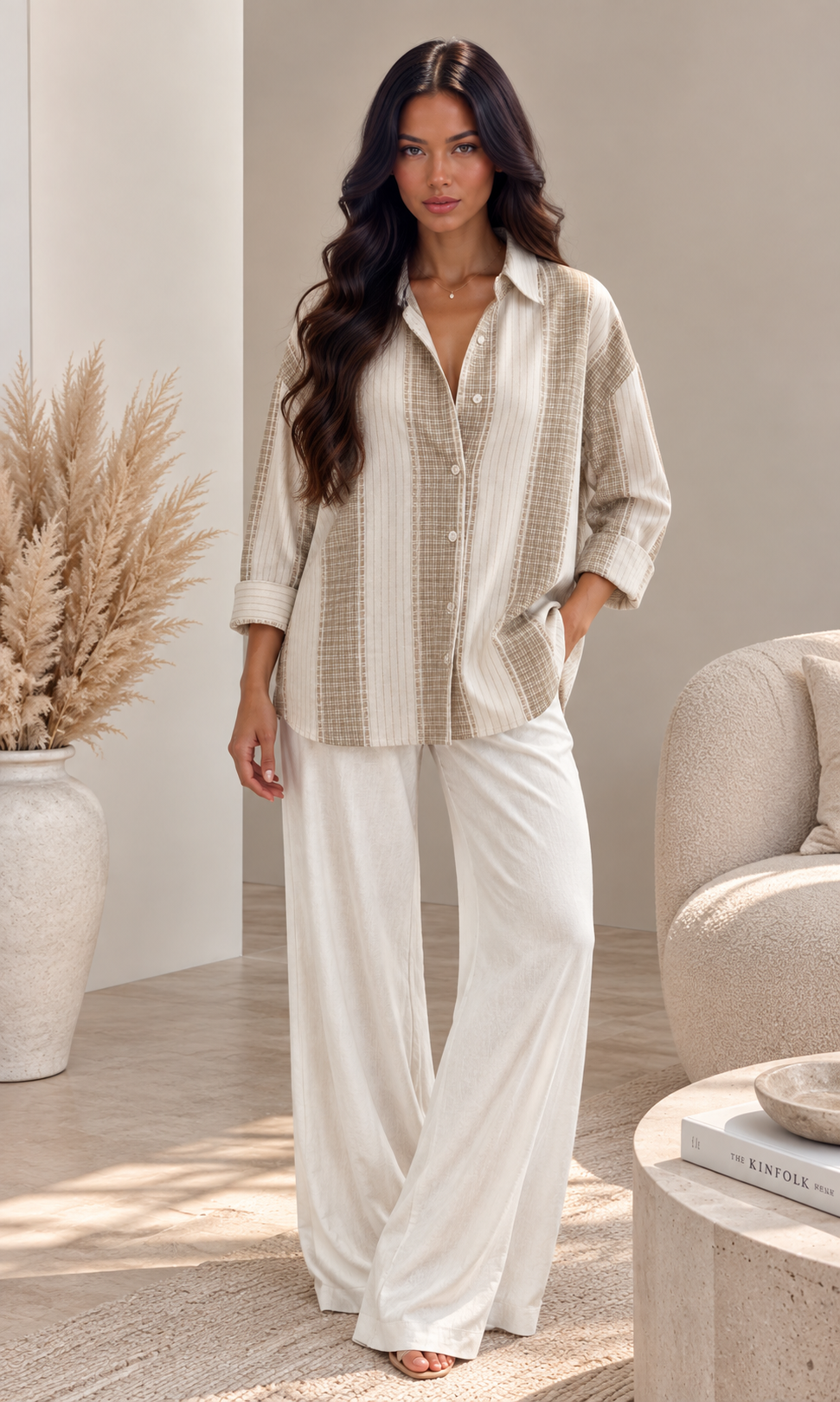 Chemise à carreaux en coton beige ALYSMA
