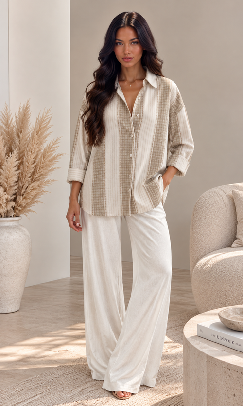 Chemise à carreaux en coton beige ALYSMA