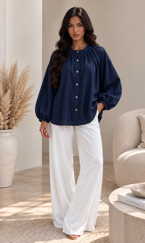 Chemise manches ballon bleu marine ALYSMA